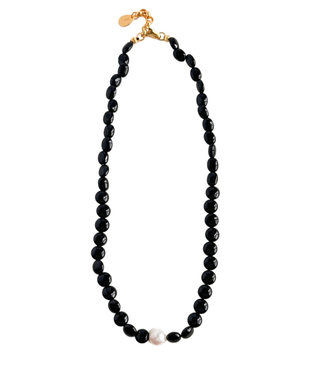 Oval-shaped Black Agate Bead Pearl Necklace GEMBEA JEWELRY