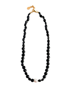 Oval-shaped Black Agate Bead Pearl Necklace GEMBEA JEWELRY