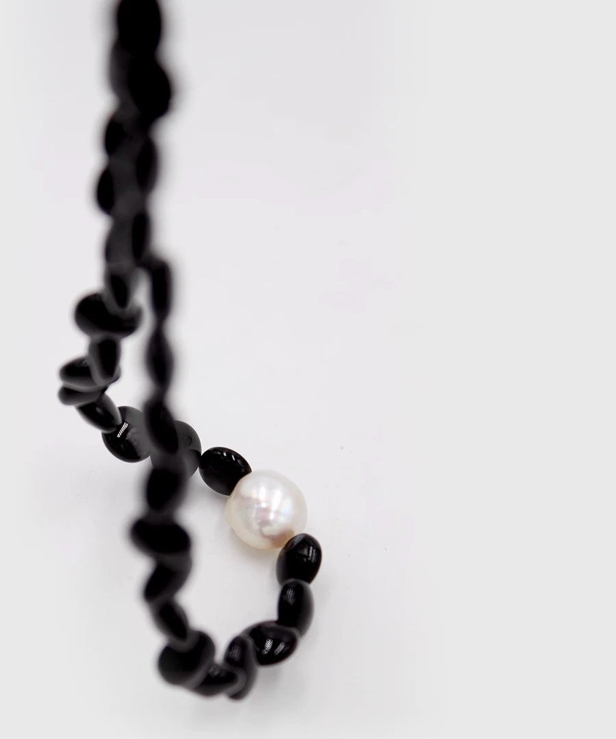 Oval-shaped Black Agate Bead Pearl Necklace GEMBEA JEWELRY