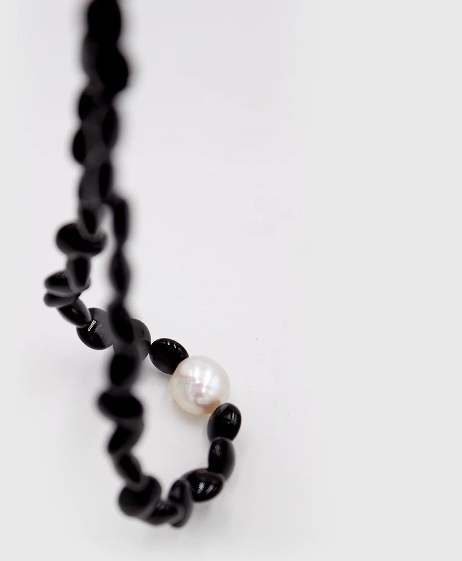 Oval-shaped Black Agate Bead Pearl Necklace GEMBEA JEWELRY