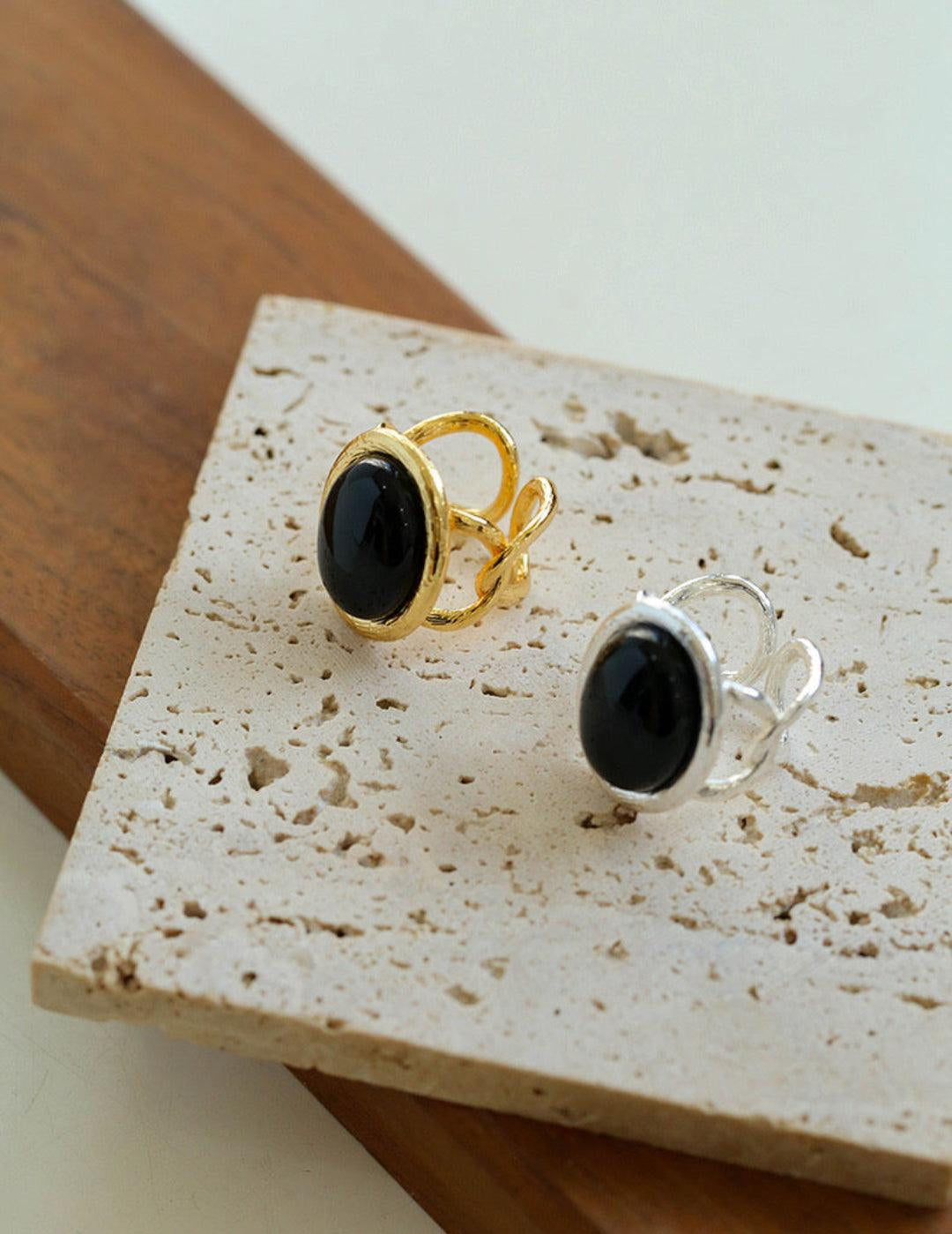Oval Black Agate Gemstone Ring - Gembea Jewelry