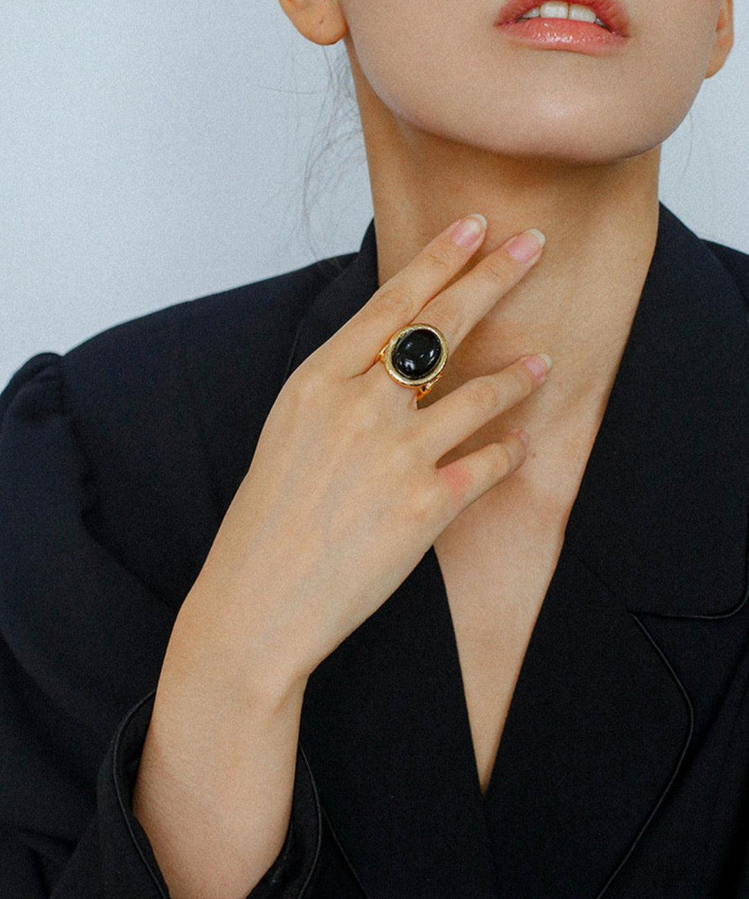 Oval Black Agate Gemstone Ring - Gembea Jewelry