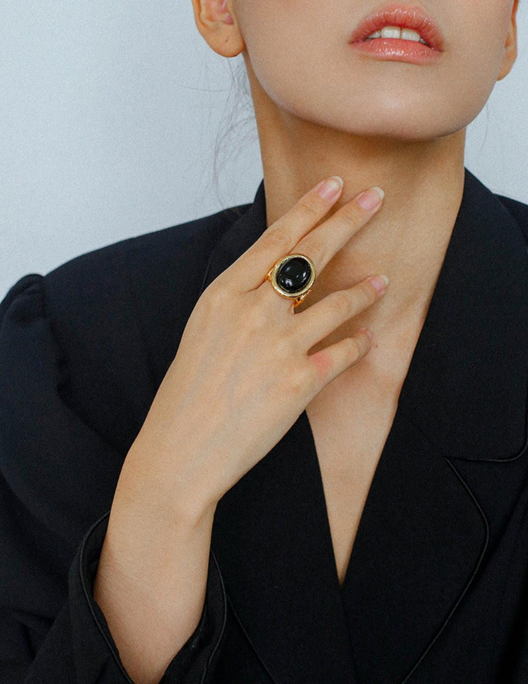 Oval Black Agate Gemstone Ring - Gembea Jewelry