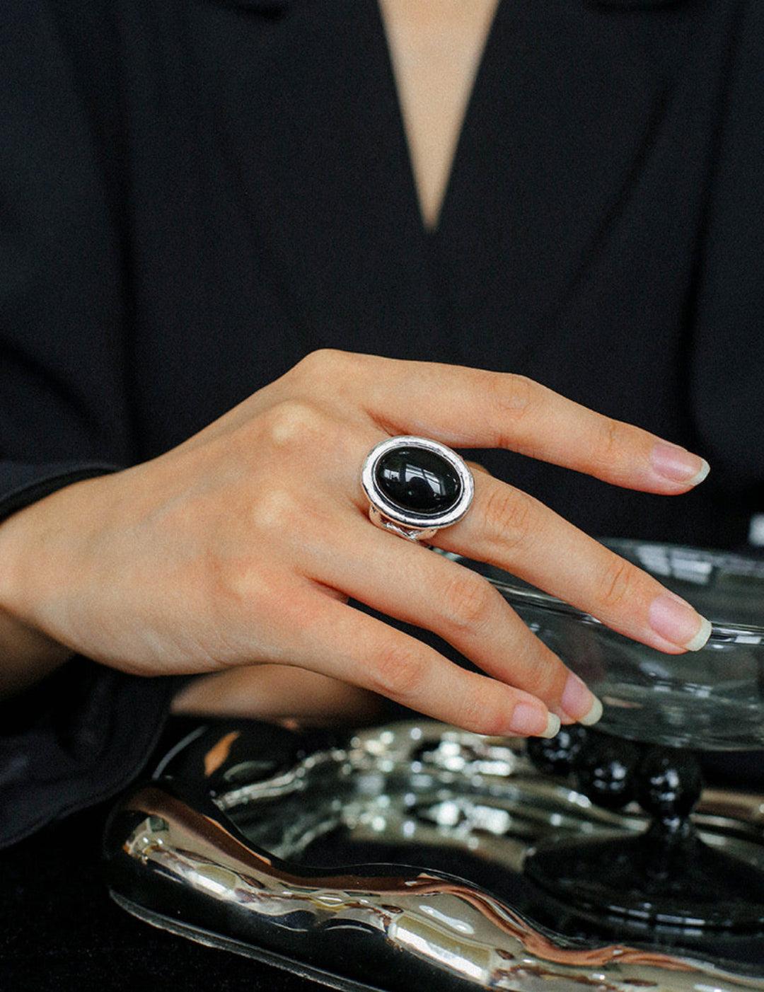 Oval Black Agate Gemstone Ring - Gembea Jewelry