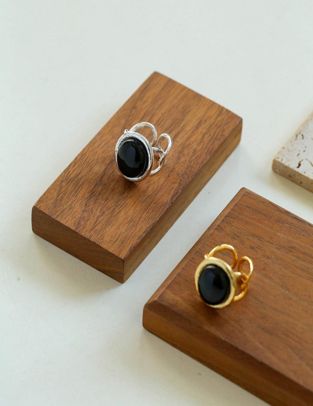Oval Black Agate Gemstone Ring - Gembea Jewelry
