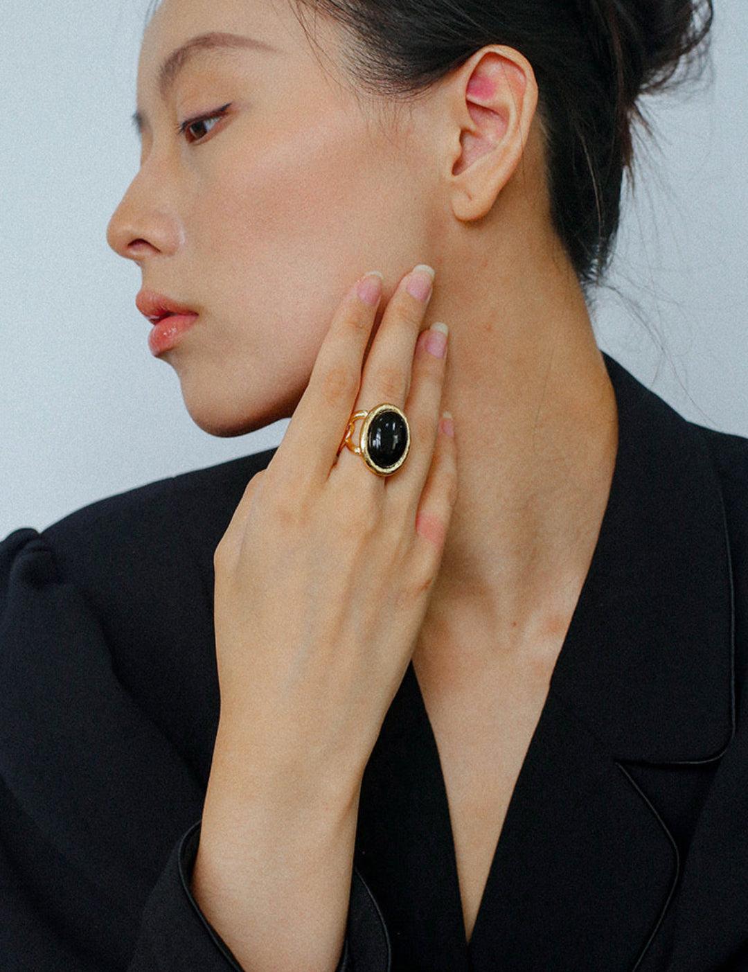 Oval Black Agate Gemstone Ring - Gembea Jewelry