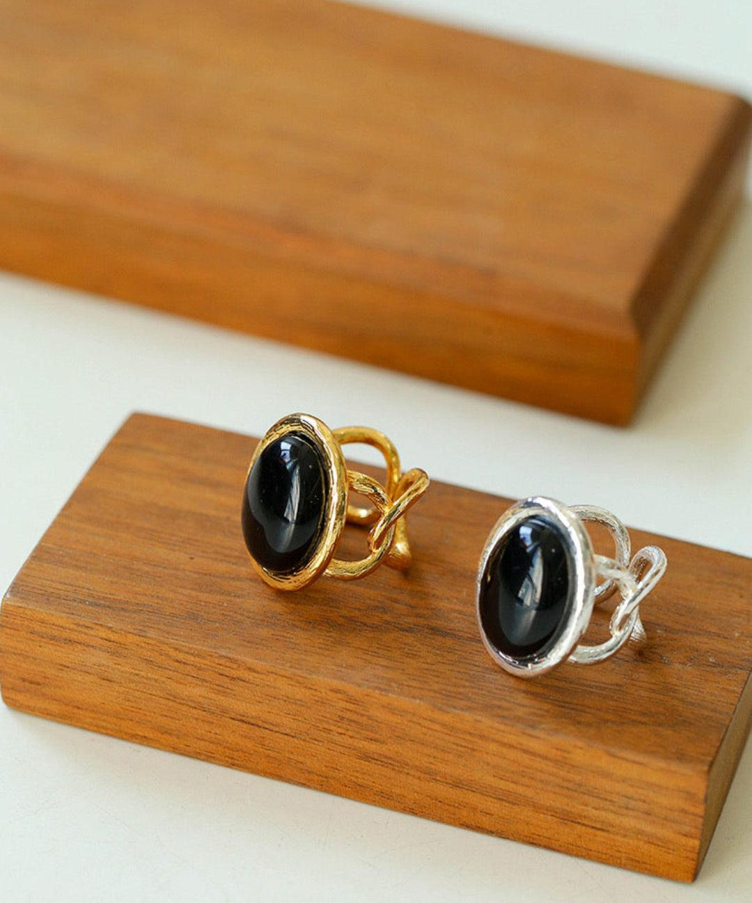 Oval Black Agate Gemstone Ring - Gembea Jewelry