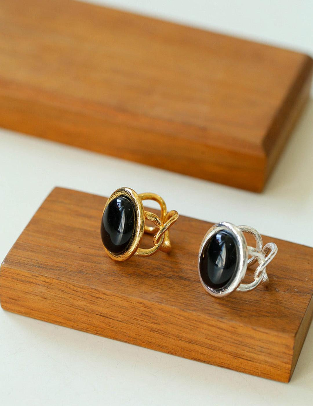 Oval Black Agate Gemstone Ring - Gembea Jewelry