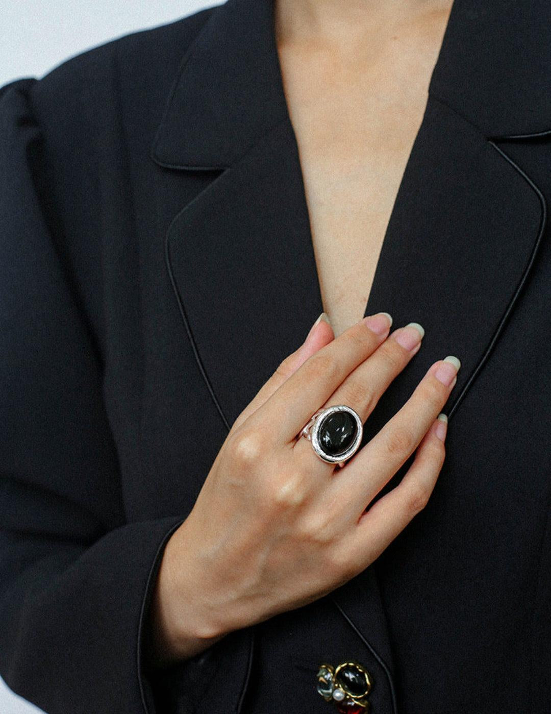 Oval Black Agate Gemstone Ring - Gembea Jewelry