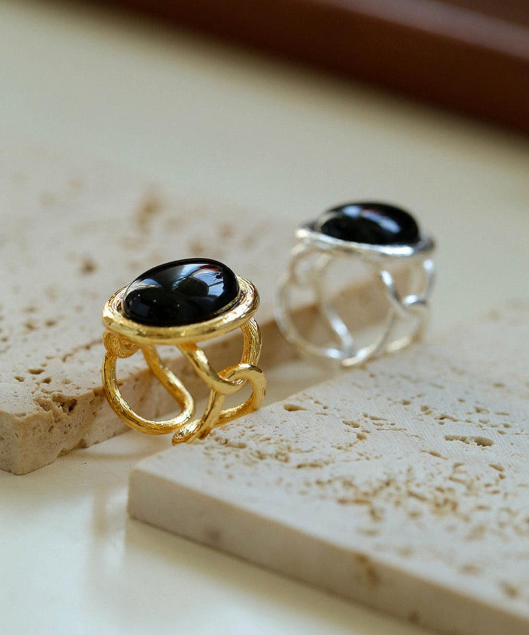 Oval Black Agate Gemstone Ring - Gembea Jewelry