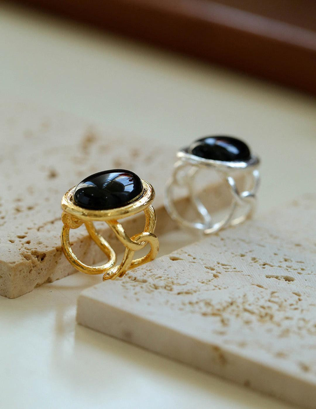 Oval Black Agate Gemstone Ring - Gembea Jewelry
