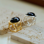 Oval Black Agate Gemstone Ring - Gembea Jewelry