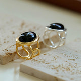 Oval Black Agate Gemstone Ring - Gembea Jewelry