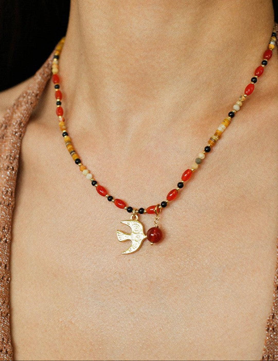 Peace Dove Pendant Agate Beaded Necklace-Gembea Jewelry