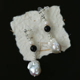Pearl Black Agate Long Drop Earrings gembea jewelry