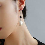 Pearl Black Agate Long Drop Earrings gembea jewelry