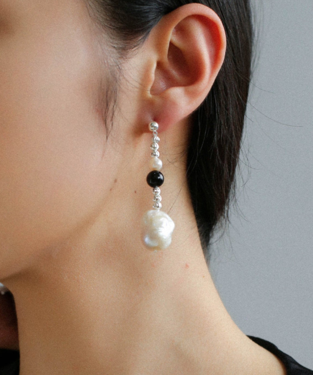 Pearl Black Agate Long Drop Earrings gembea jewelry