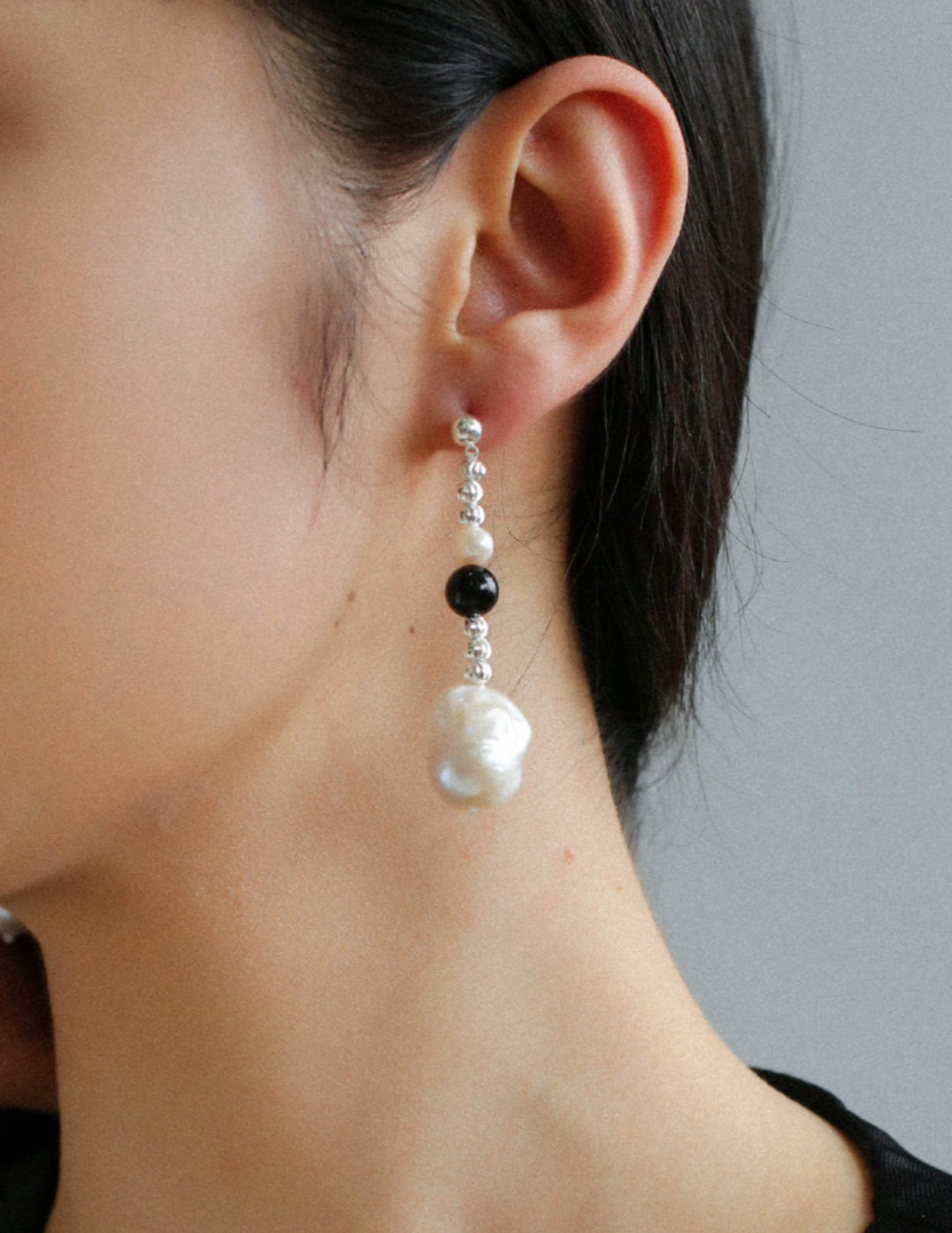 Pearl Black Agate Long Drop Earrings gembea jewelry