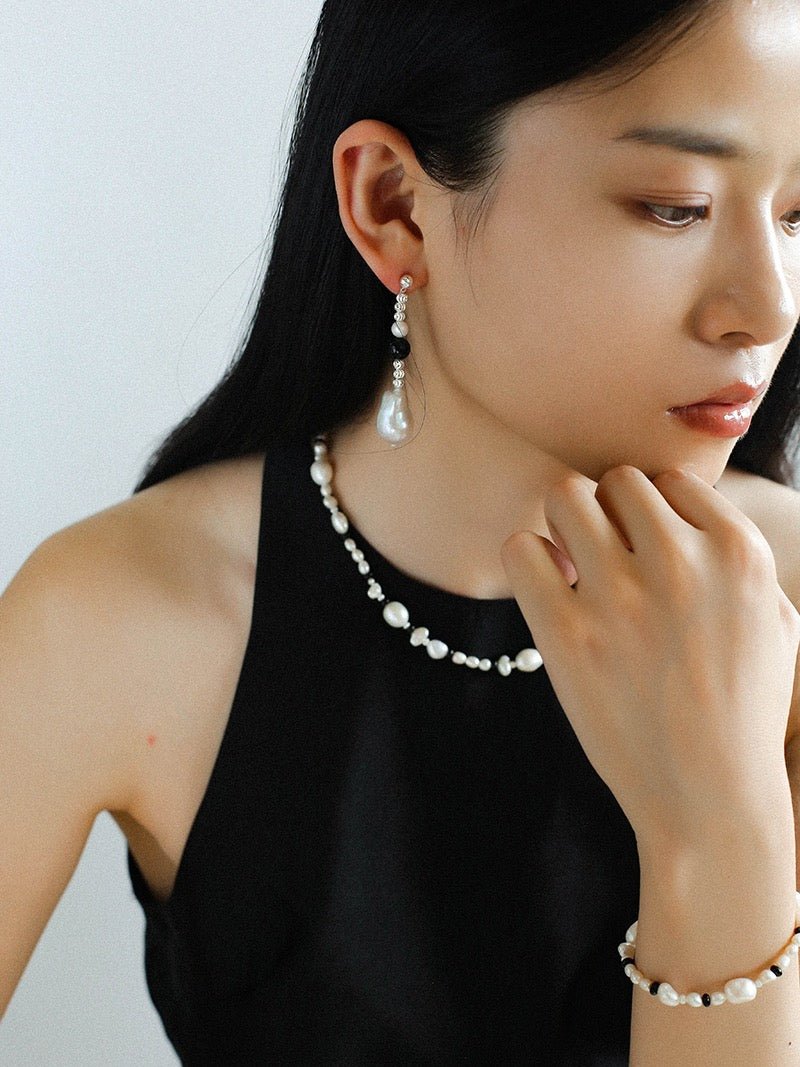 Pearl Black Agate Long Drop Earrings gembea jewelry