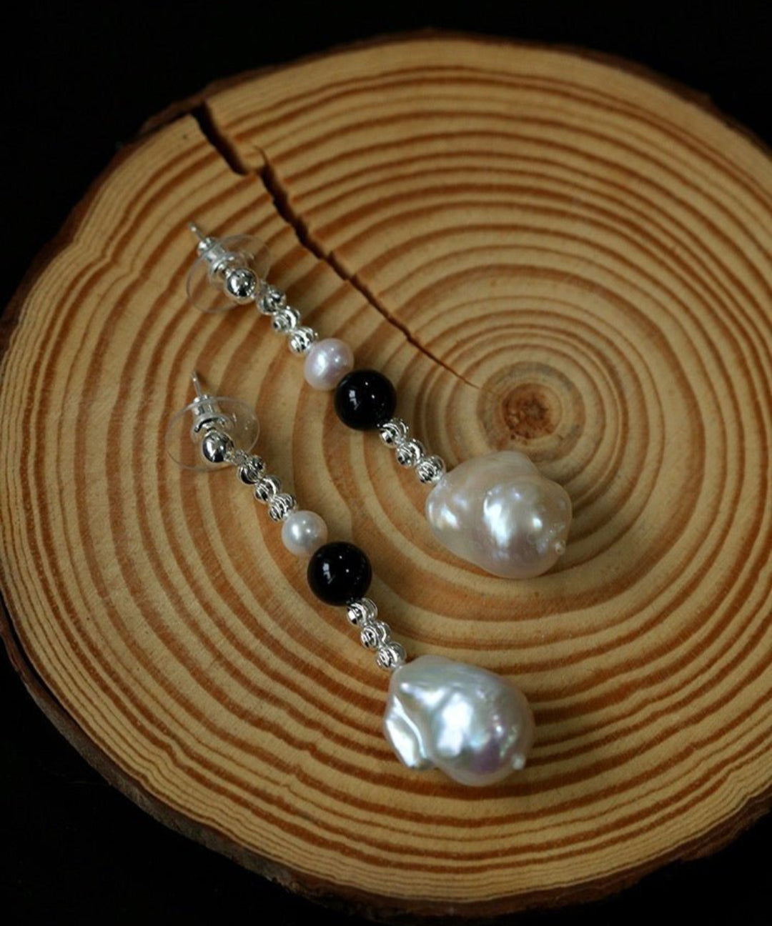 Pearl Black Agate Long Drop Earrings gembea jewelry