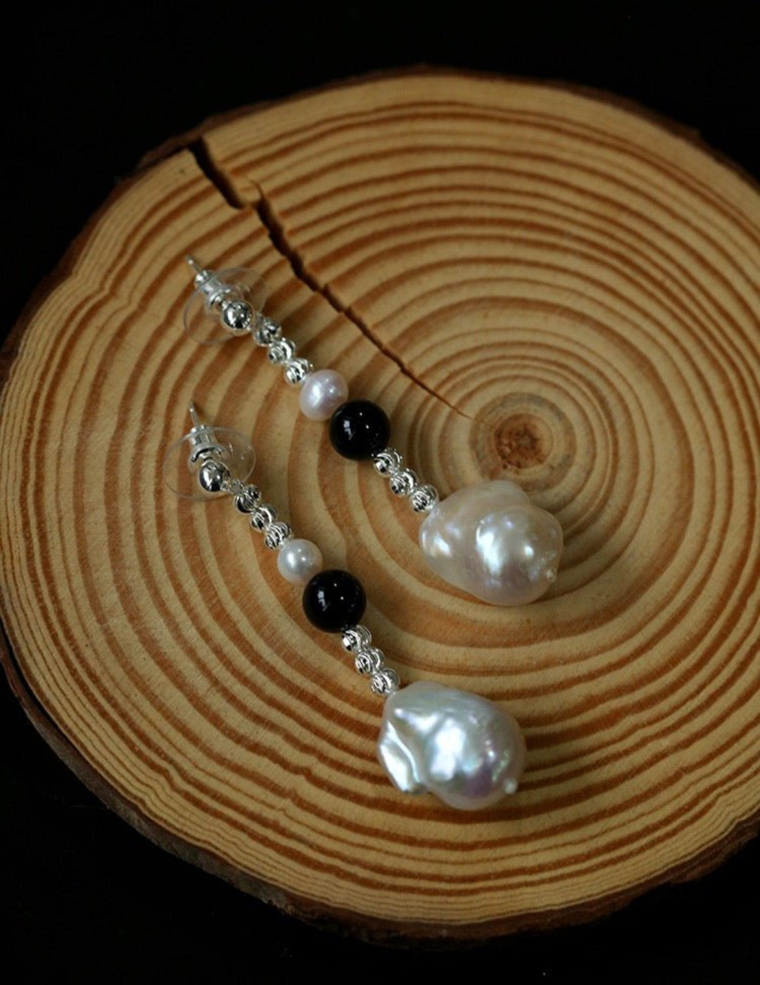 Pearl Black Agate Long Drop Earrings gembea jewelry