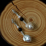 Pearl Black Agate Long Drop Earrings gembea jewelry