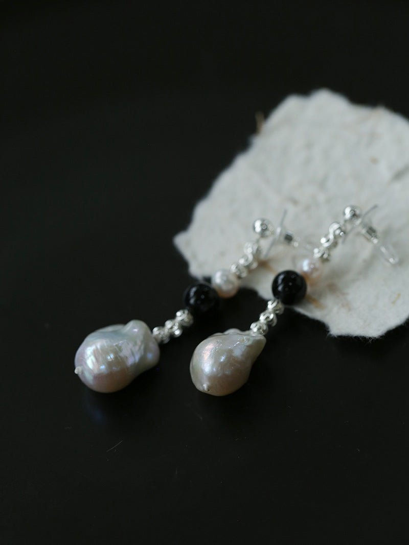 Pearl Black Agate Long Drop Earrings gembea jewelry