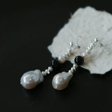 Pearl Black Agate Long Drop Earrings gembea jewelry