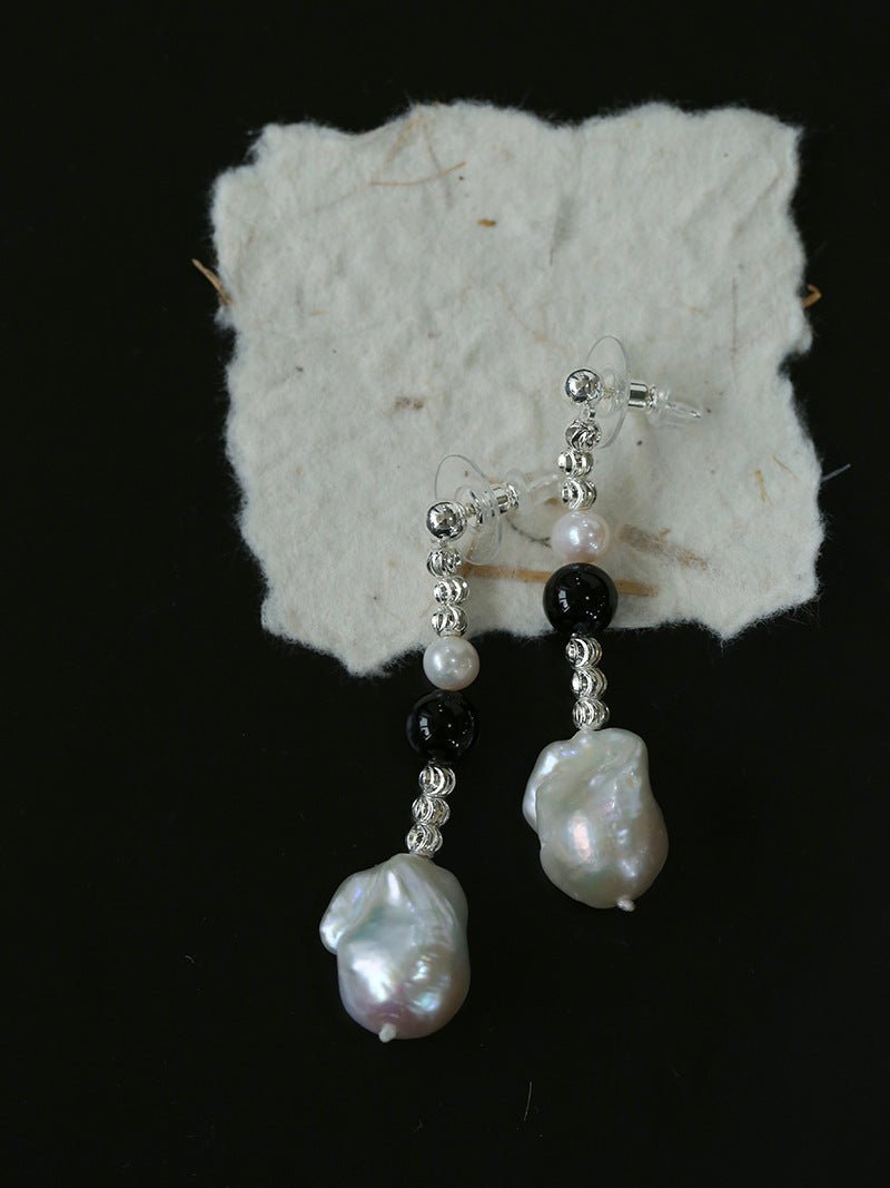 Pearl Black Agate Long Drop Earrings gembea jewelry
