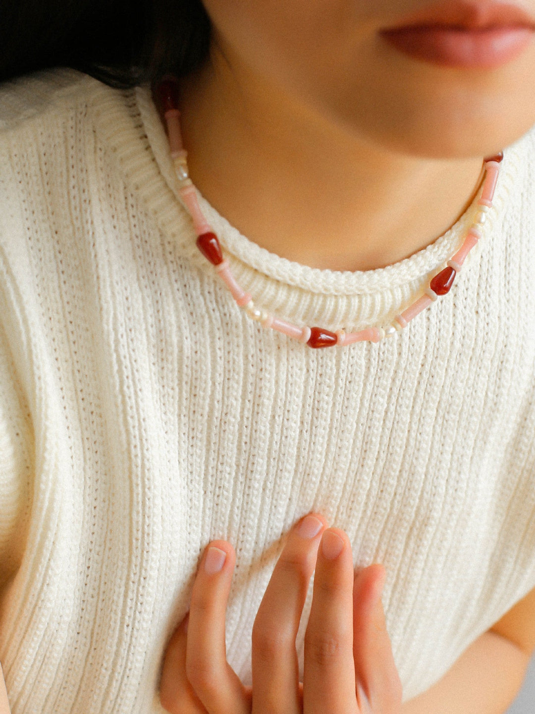 Pink Ombra Red Agate Waterdrop Beaded Necklace gembea jewelry