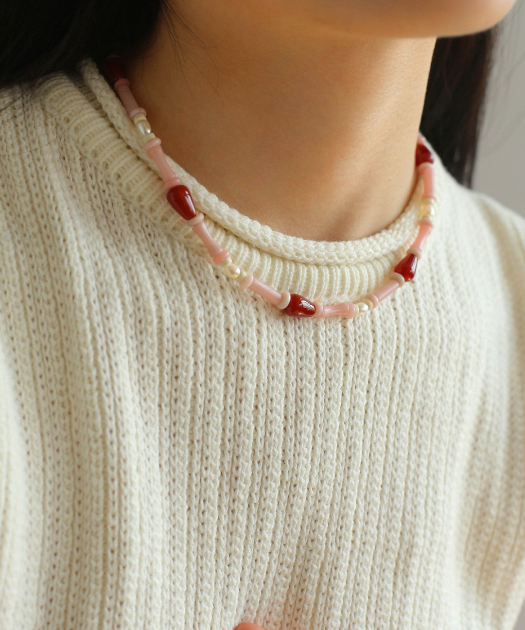 Pink Ombra Red Agate Waterdrop Beaded Necklace gembea jewelry