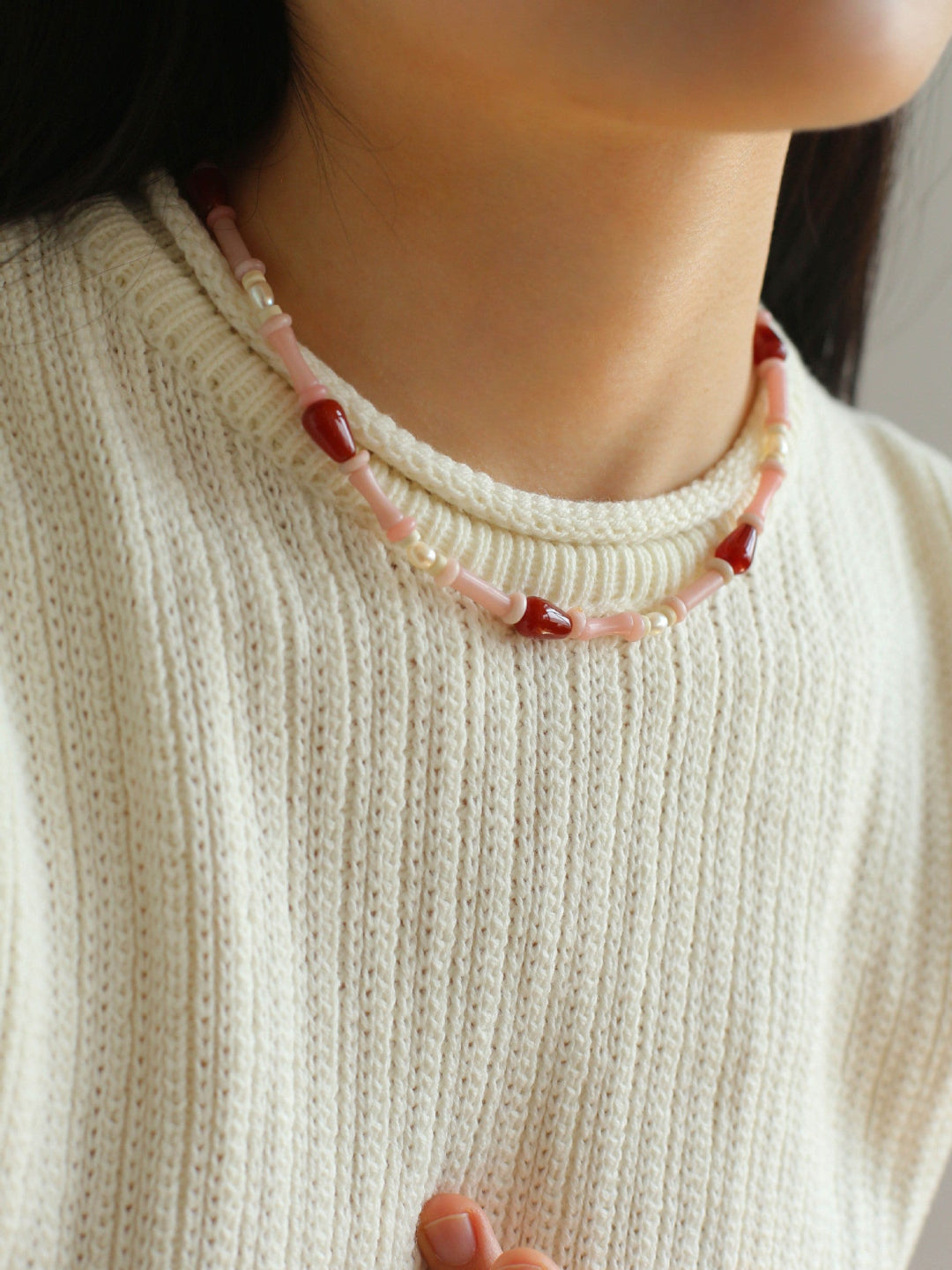 Pink Ombra Red Agate Waterdrop Beaded Necklace gembea jewelry