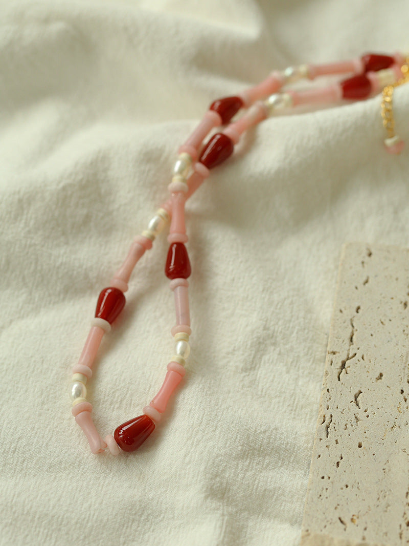 Pink Ombra Red Agate Waterdrop Beaded Necklace gembea jewelry