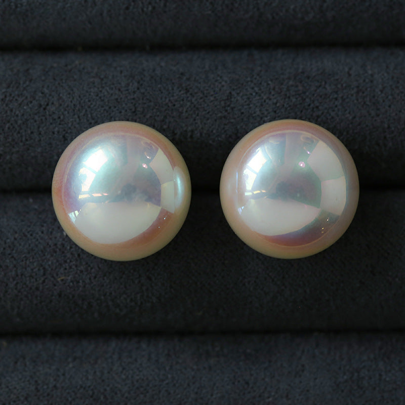 Pink Aurora Flat Round Artificial Pearl Earrings-Gembea jewelry