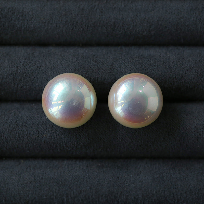 Pink Aurora Flat Round Artificial Pearl Earrings-Gembea jewelry