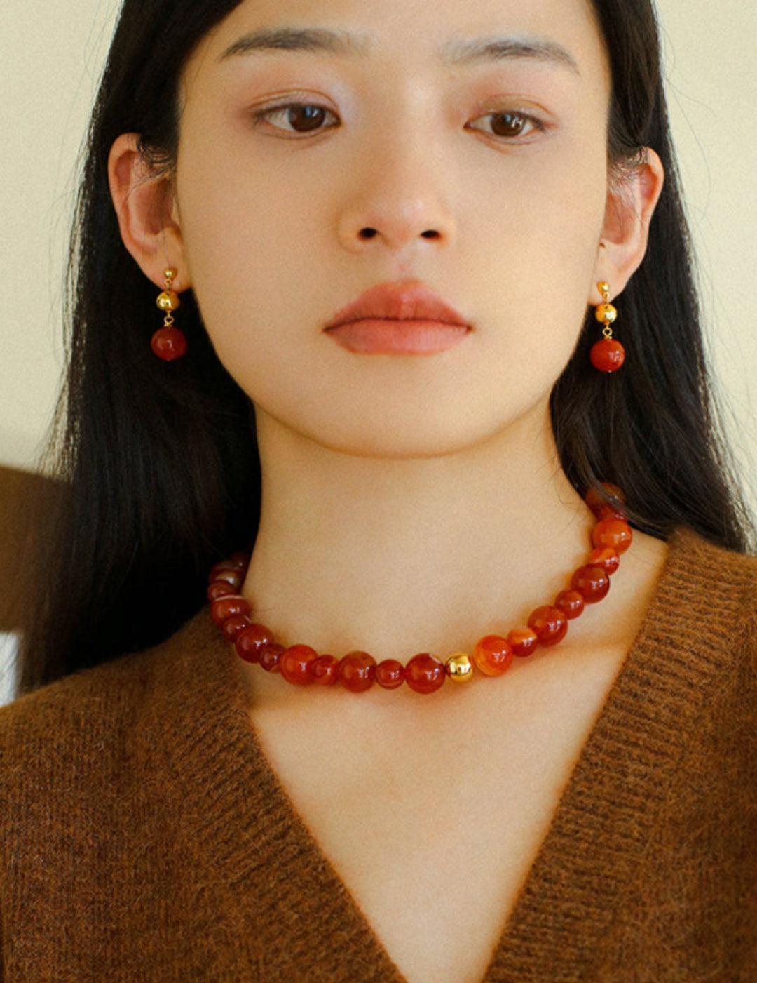 Primary Red Agate Round Beaded Necklace - Gembea Jewelry