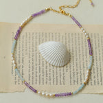 Purple Agate Aquamarine Stone Beaded Necklace gembea jewelry