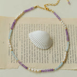 Purple Agate Aquamarine Stone Beaded Necklace gembea jewelry