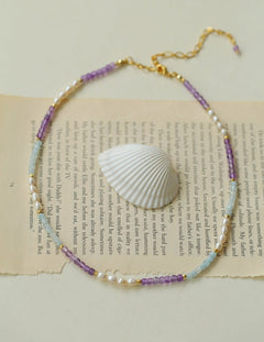Purple Agate Aquamarine Stone Beaded Necklace gembea jewelry