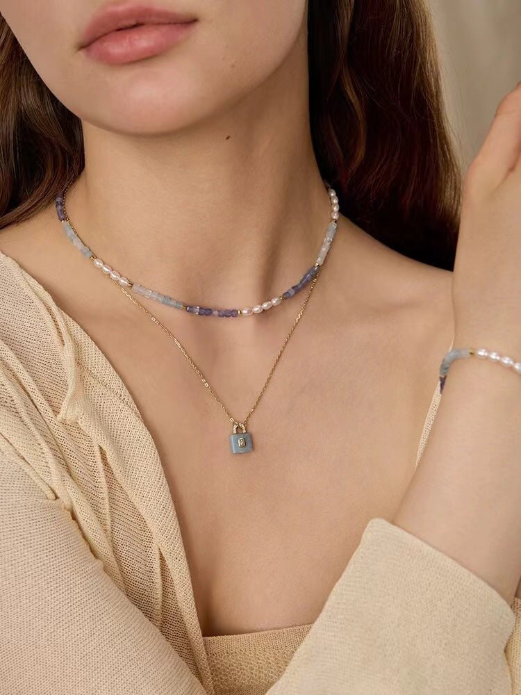 Purple Agate Aquamarine Stone Beaded Necklace gembea jewelry