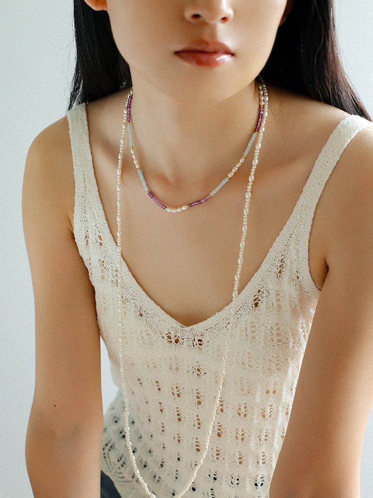 Purple Agate Aquamarine Stone Beaded Necklace gembea jewelry