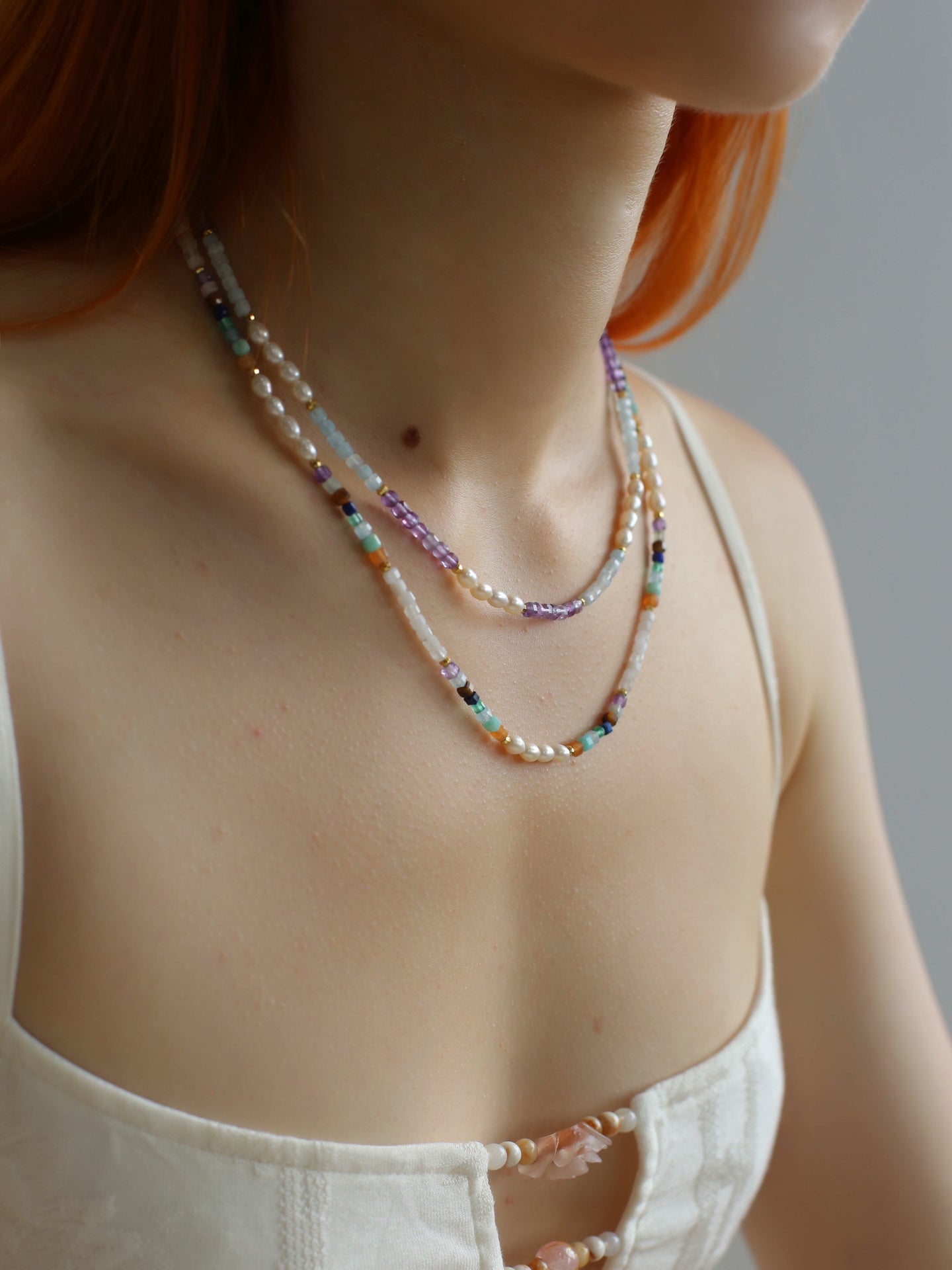 Purple Agate Aquamarine Stone Beaded Necklace gembea jewelry
