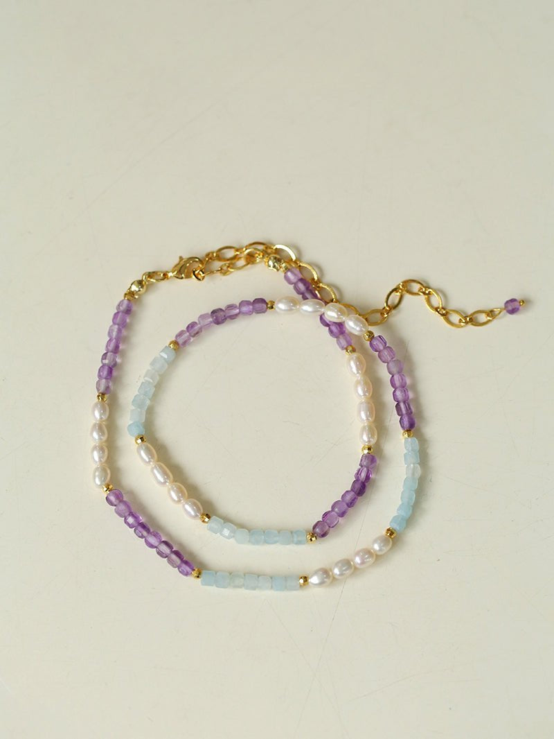 Purple Agate Aquamarine Stone Beaded Necklace gembea jewelry