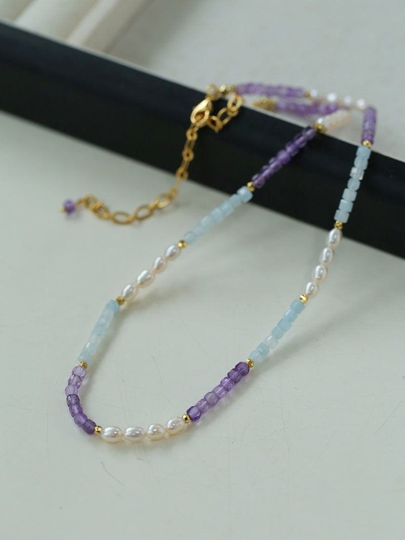 Purple Agate Aquamarine Stone Beaded Necklace gembea jewelry
