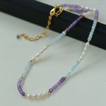 Purple Agate Aquamarine Stone Beaded Necklace gembea jewelry