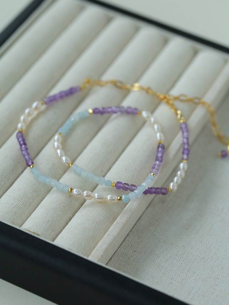 Purple Agate Aquamarine Stone Beaded Necklace gembea jewelry