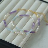 Purple Agate Aquamarine Stone Beaded Necklace gembea jewelry