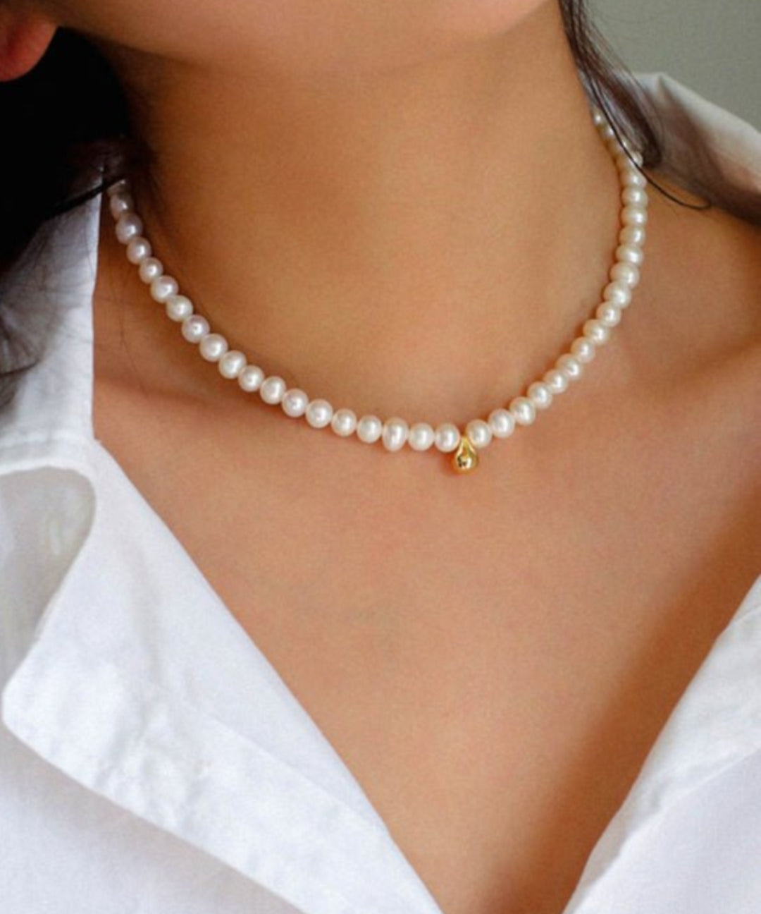Real Pearl Beaded Choker Necklace with Golden Beans gembea jewelry