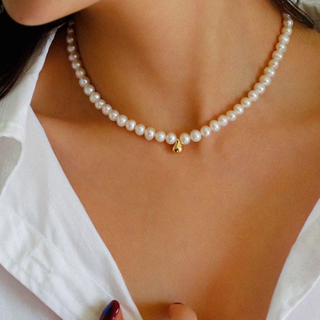 Real Pearl Beaded Choker Necklace with Golden Beans gembea jewelry