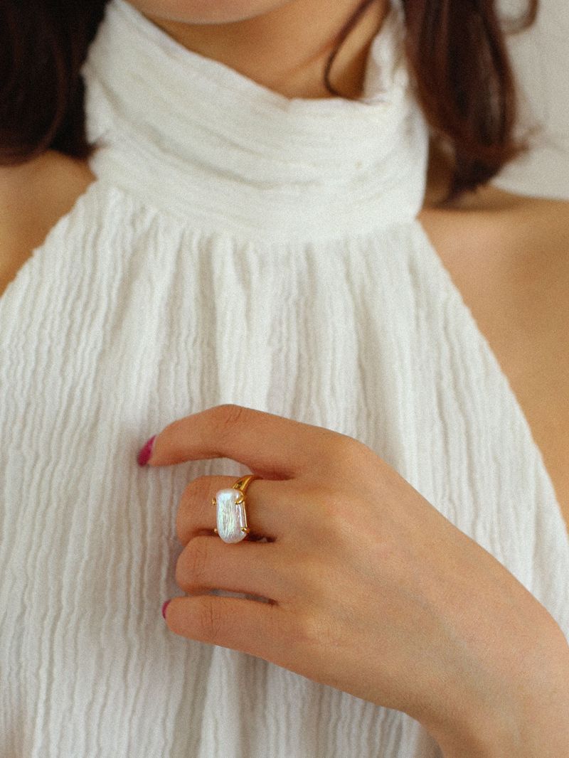 Rectangular Baroque Pearl Open Ring-Gembea Jewelry